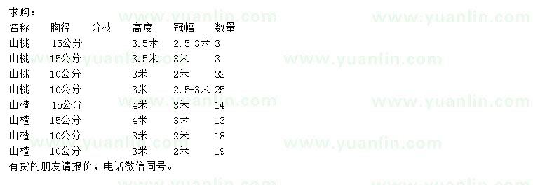 求購胸徑10、15公分山桃、山楂