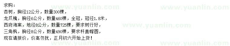 求購杏樹、龍爪槐、西府海棠等