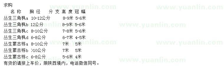 求購(gòu)胸徑6-8、8-10、10-12公分叢生三角楓、6-8、8-10、10公分以上叢生蒙古櫟
