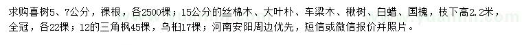 求購喜樹、絲棉木、大葉樸等