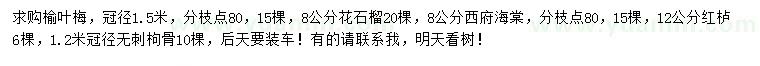 求購榆葉梅、花石榴、西府海棠等
