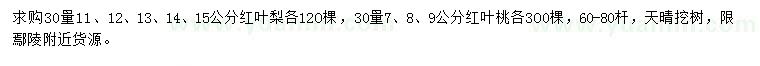 求購30量11、12、13、14、15公分紅葉梨、30量7、8、9公分紅葉桃
