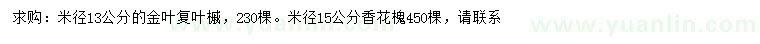 求購(gòu)米徑13公分金葉復(fù)葉槭、米徑15公分香花槐