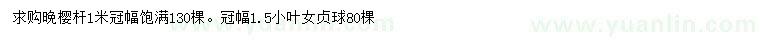 求購1米晚櫻、冠幅1.5小葉女貞球