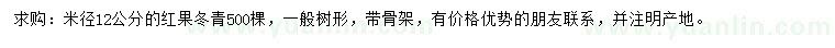 求購米徑12公分紅果冬青