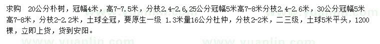求購20、25、30、公分樸樹、1.3米量16公分杜仲