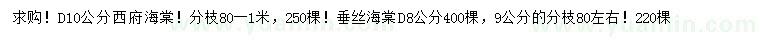 求購地徑10公分西府海棠、8、9公分垂絲海棠