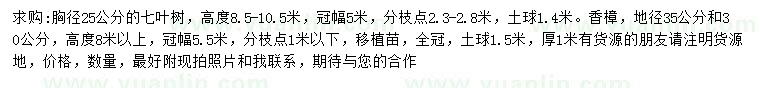 求購胸徑25公分七葉樹、地徑35公分香樟