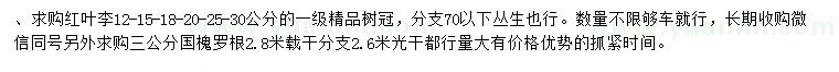 求購(gòu)12、15、18、20、25、30公分紅葉李、3公分國(guó)槐