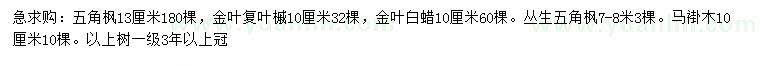 求購五角楓、金葉復葉槭、金葉白蠟等