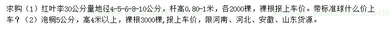 求購30公分量地徑4、5、6、8、10公分紅葉李、5公分泡桐