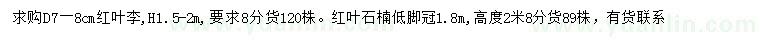 求購地徑7-8公分紅葉李、高2米紅葉石楠