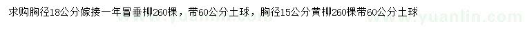 求購胸徑18公分垂柳、胸徑15公分黃柳