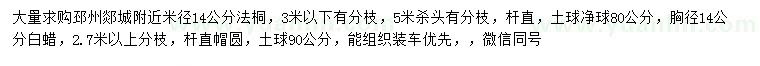 求購米徑14公分法桐、白蠟