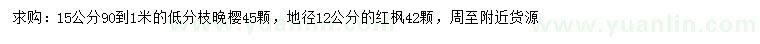 求購15公分晚櫻、地徑12公分紅楓