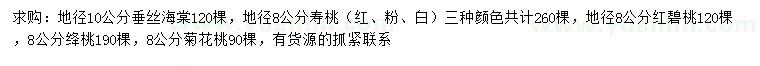 求購垂絲海棠、壽桃、紅碧桃等