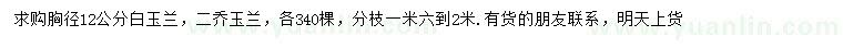 求購(gòu)胸徑12公分白玉蘭、二喬玉蘭
