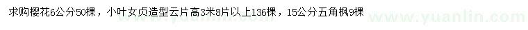 求購櫻花、小葉女貞、五角楓