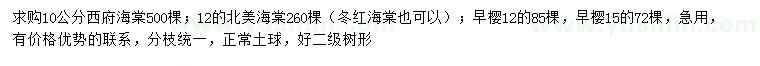 求購(gòu)西府海棠、北美海棠、早櫻