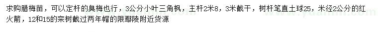 求購(gòu)臘梅苗、小葉三角楓、紅火箭等