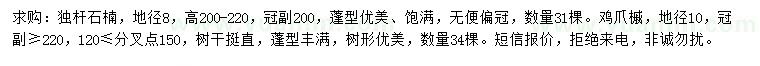 求購地徑8公分獨(dú)桿石楠、10公分雞爪槭
