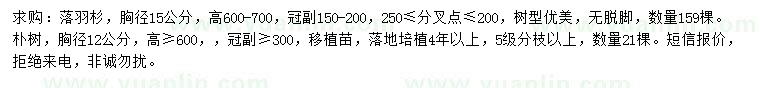 求購胸徑15公分落羽杉、12公分樸樹