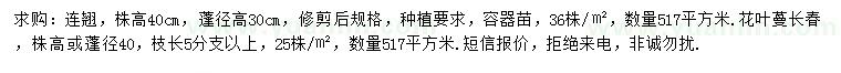 求購株高40公分連翹、蓬徑40公分花葉蔓長春