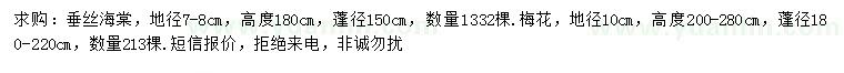 求購地徑7-8公分垂絲海棠、地徑10公分梅花