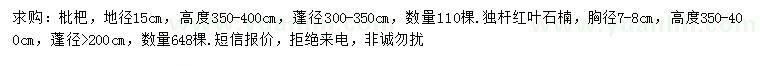 求購地徑15公分枇杷樹、胸徑7-8公分獨桿紅葉石楠