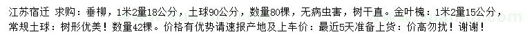 求購1.2米量18公分垂柳、1.2米量15公分金葉槐
