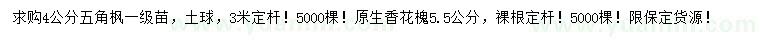 求購4公分五角楓、5.5公分香花槐