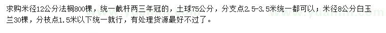 求購米徑12公分法桐、8公分白玉蘭