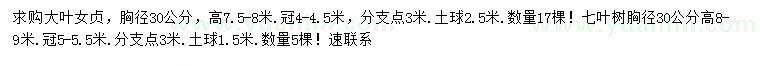 求購胸徑30公分大葉女貞、七葉樹