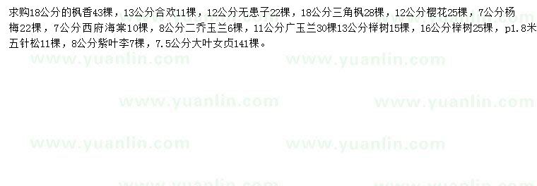 求購(gòu)楓香、合歡、無患子等