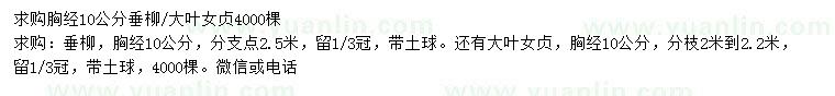求購胸徑10公分垂柳、大葉女貞