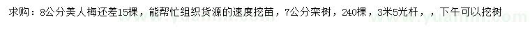 求購8公分美人梅、7公分欒樹