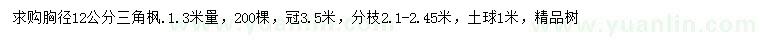 求購1.3米量胸徑12公分三角楓
