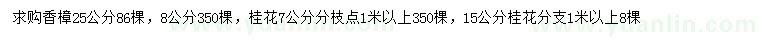 求購8、25公分香樟、4、15公分公分桂花