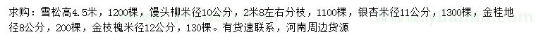 求購雪松、饅頭柳、銀杏等