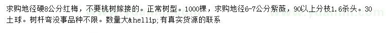 求購地徑硬8公分紅梅、6-7公分紫薇