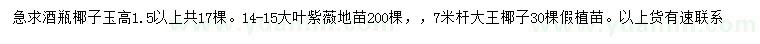 求購酒瓶椰子、大葉紫薇、大王椰子