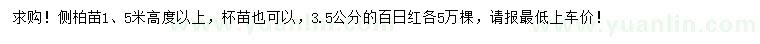 求購(gòu)高度1.5米以上側(cè)柏苗、3.5公分百日紅