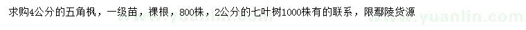 求購4公分五角楓、2公分七葉樹