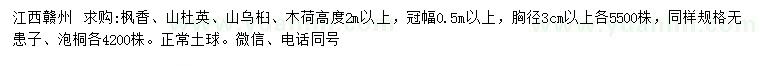 求購(gòu)楓香、山杜英、山烏桕等