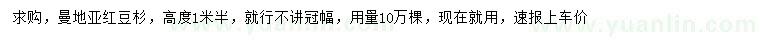 求購高度1.5米曼地亞紅豆杉