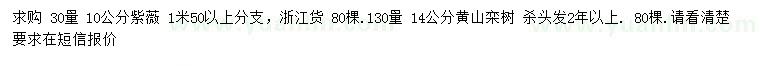 求購30量10公分紫薇、1.3米量14公分黃山欒樹