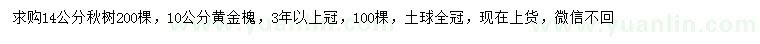 求購14公分秋樹、10公分黃金槐