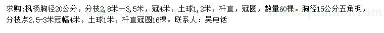 求購胸徑20公分楓楊、胸徑15公分五角楓