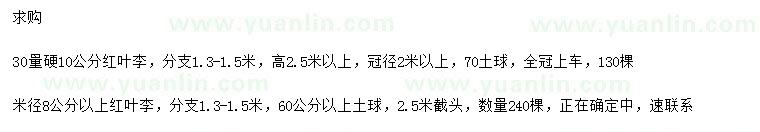 求購(gòu)30量10公分紅葉李，米徑8公分以上紅葉李