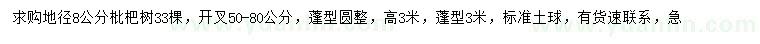 求購地徑8公分枇杷樹